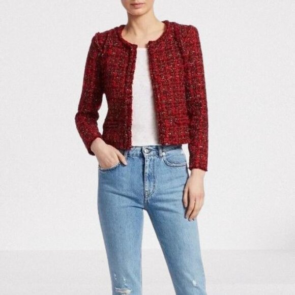 Iro Red Disco Tweed Jacket Wool Blend Red Silver Tweed Blazer Lined - Sz 4 - Picture 2 of 13